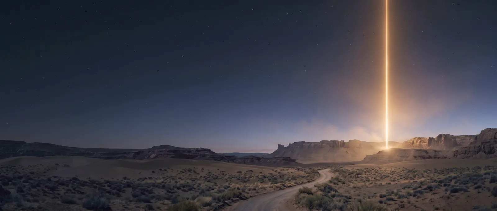 A desert road at first light, a pillar of golden light rising from the mesa.
