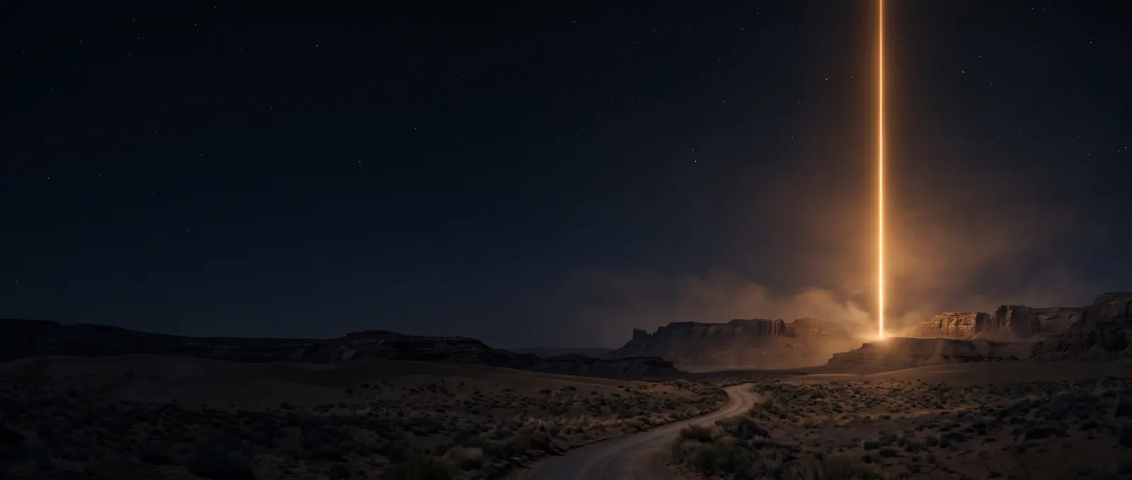 A pillar of golden light rising from a desert mesa at night.