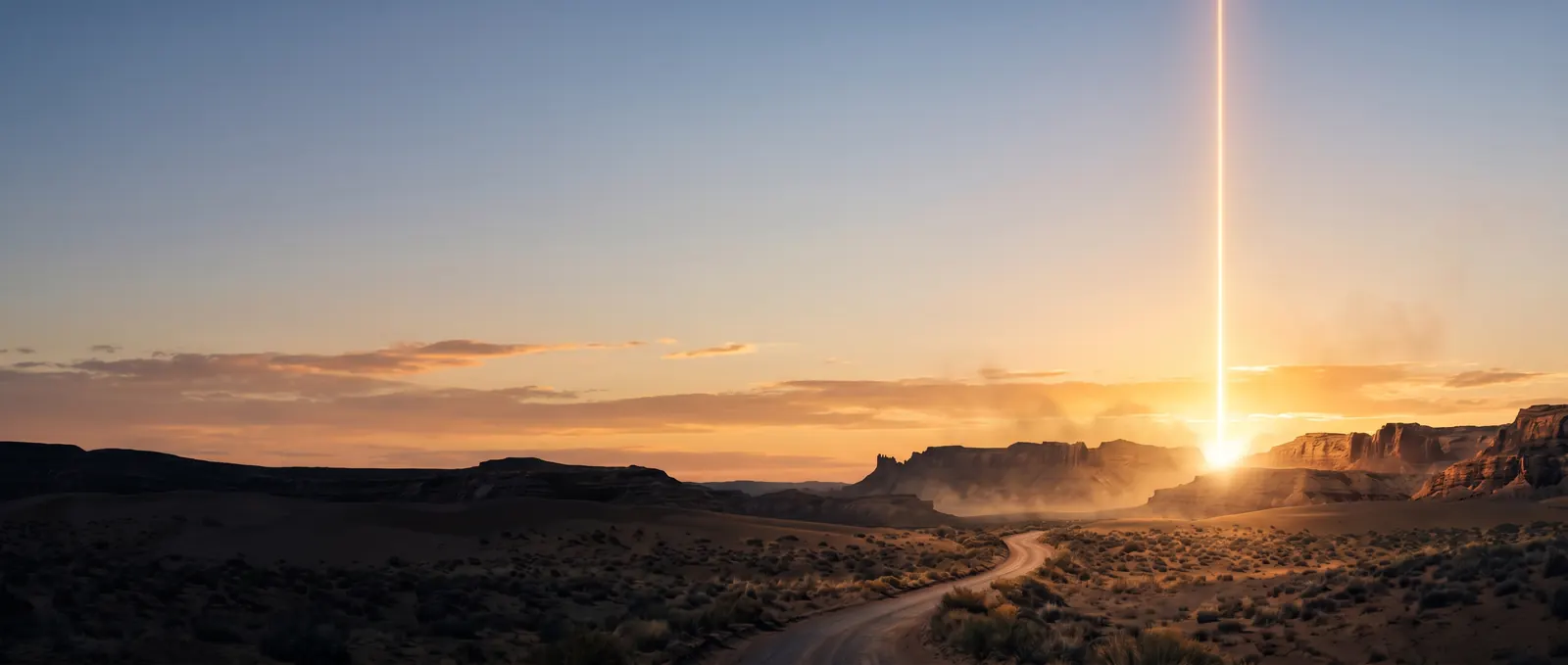 A desert road at sunrise leading toward a pillar of golden light.